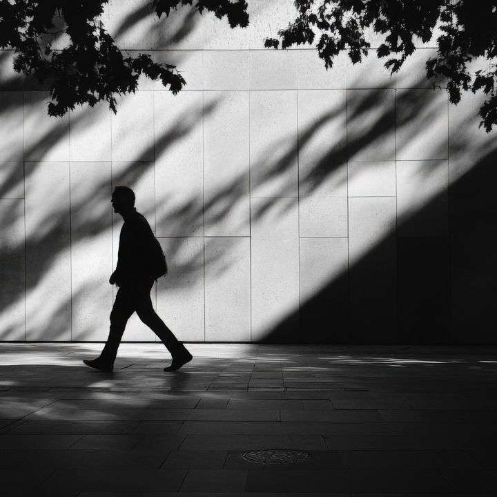 Silhouette of a person walking along a paved sidewalk beside a building wall, with tree shadows and sunlight creating patterns on the surface.